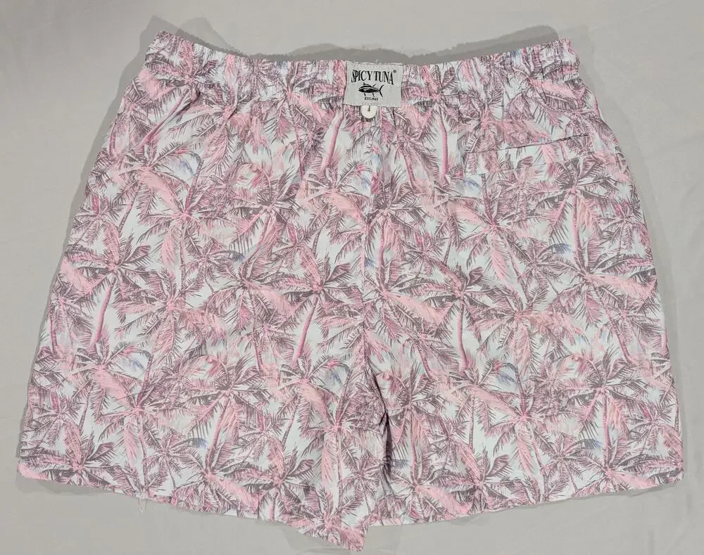 Spicy Tuna Shorts Mens XL Pink Tropical Palm Swim Trunks Mesh Lined Drawstring